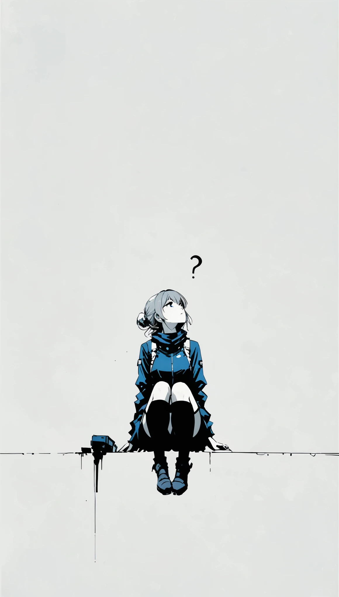 (in style of Ashley Wood:1.1),
1girl,knees apart feet together,?,large areas of white space,Dodge blue|gray_background,minimalist background,sitting,at the bottom of the screen,(looking up side:1.5),from the side,comic,