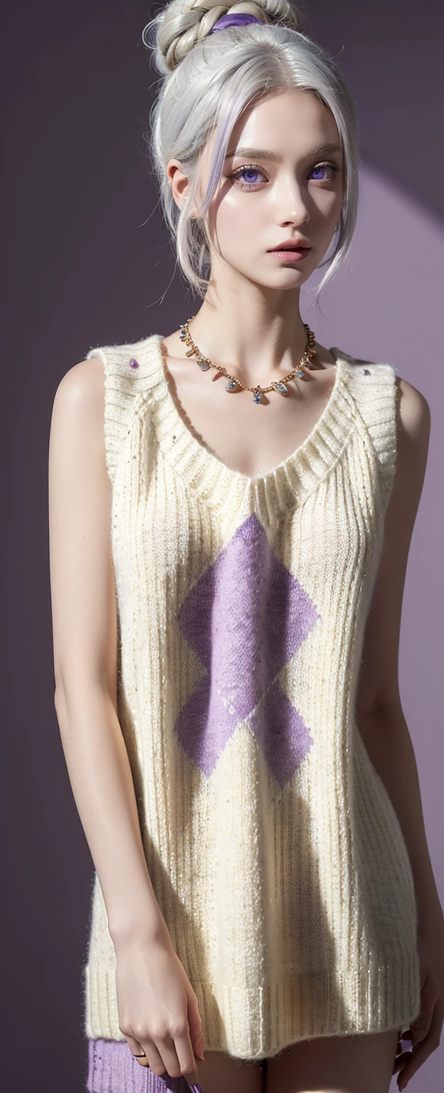 ((best quality)), ((masterpiece)), ((best quality)), ((masterpiece)), ((detailed)), Ridiculous resolution, high resolution, (masterpiece:1.4), Hyper-detailing, a young european woman. Necklace. ((Sleeveless wool sweater)). Blank background. Standing. ((White hair)). She has a bun in her hair. Standing. ((Purple eyes)). 