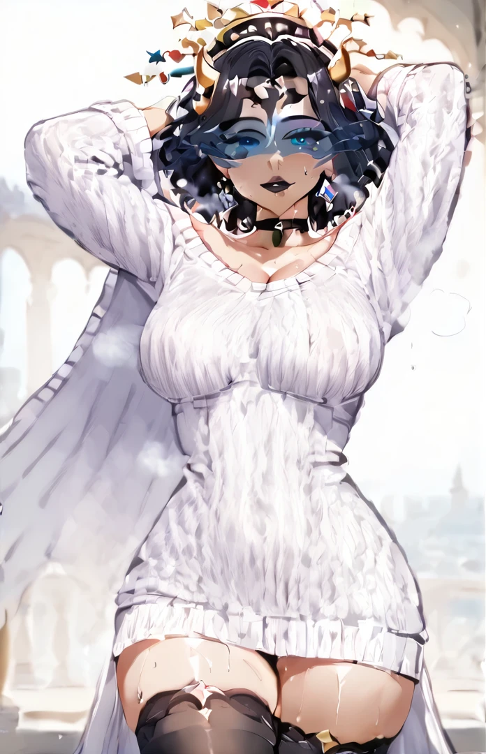 score_9, score_8_up, score_7_up, score_6_up, uncensored, lilithmon, black hair, forehead mark horns, demon wings, hair ornament, cleavage, black lips, medium hair, naughty face, shiny skin, sweating, steaming body, heavy breathing, BREAK (masterpiece:1.2), best quality, high resolution, unity 8k wallpaper, (illustration:0.8), (detailed eyes:1.3), extremely detailed face, perfect lighting, extremely detailed CG, (perfect hands, perfect anatomy), sweating, looking at viewer, modern decor,cozy atmosphere,relaxing vibes,urban backdrop,dreamy ambiance, large breasts, magical aura, enchanting beauty, mystical setting, enchanting artwork, intricate details. sweating, 1girl, choker,  solo, thighhighs, black_choker, looking_at_viewer, breasts, sweater, white_sweater, arms_behind_head, black_legwear, arms_up, collarbone,  