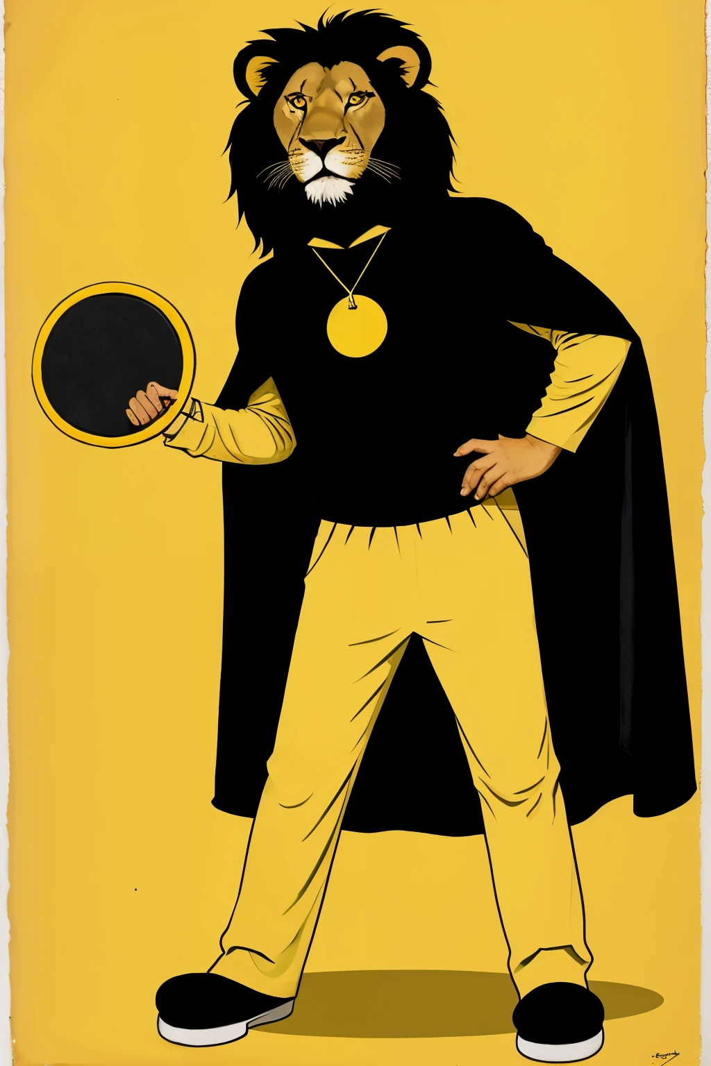 A cartoon lion standing in a black cape with yellow edges and a tambourine in his hand
