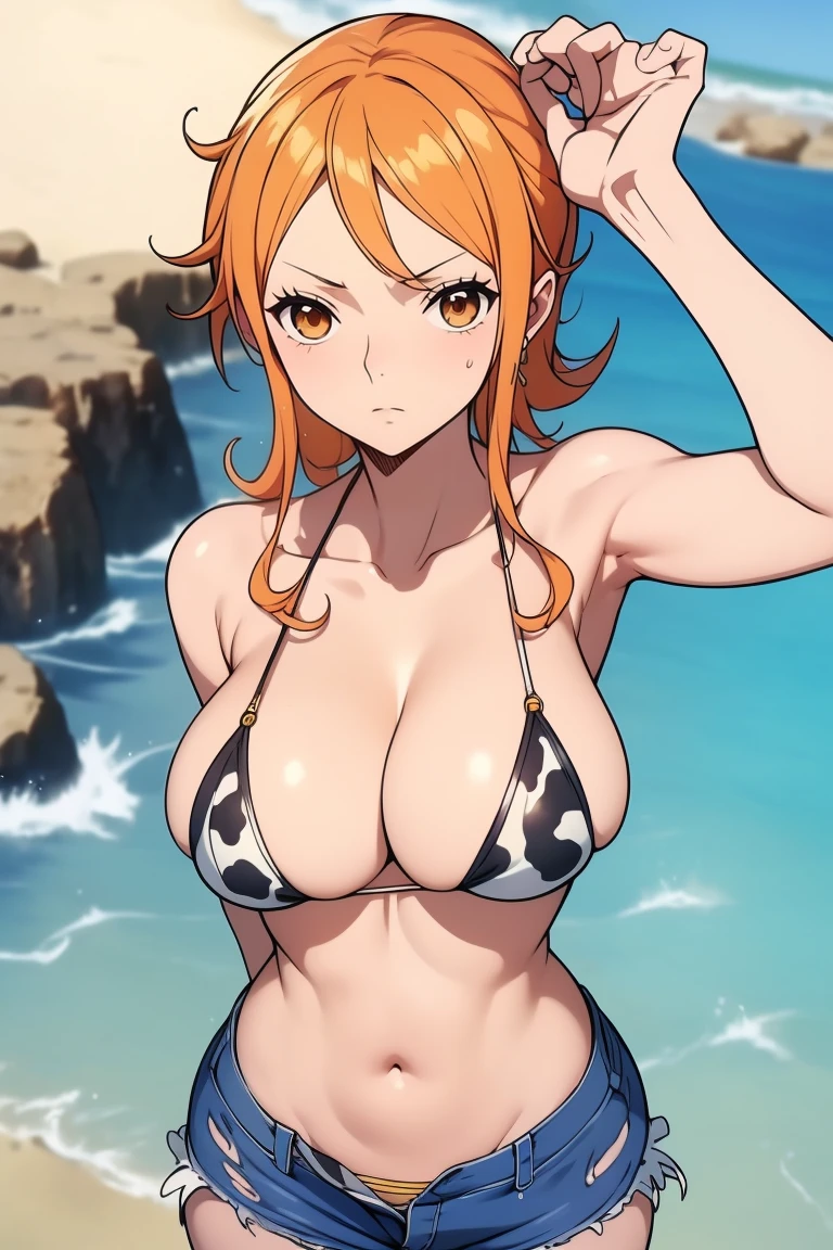 (masterpiece, Highest quality),Browsing Caution,Cartoon photo of a woman in a bikini top and jeans, Anime Drawings, Self-sastructing art, Enchanting anime girl, Nami One Piece:1.7, Biomechanical , Nami from One Piece:1.9, 3dcg, I also make fan art, top rated on pixiv,{{{{{cow print ultra micro bikini top:1.9}}}}},{{{{{puffy nipple:1.9}}}}},{{{{{ultra law rise jeans:1.8}}}}},An expression that endures shame:1.7,