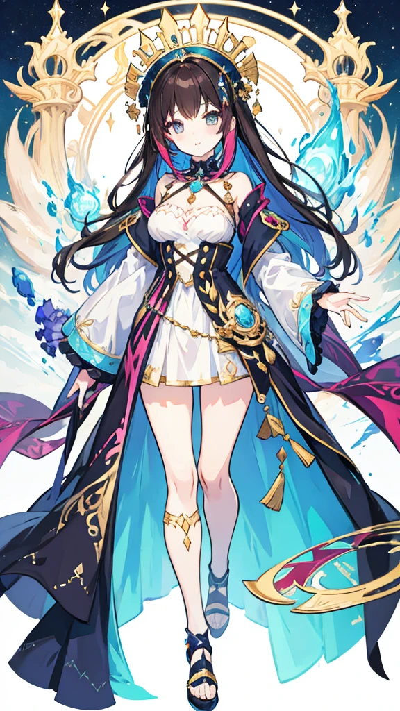 fantasy world girl with colorful hair, accessories, detailed clothes, dark hair