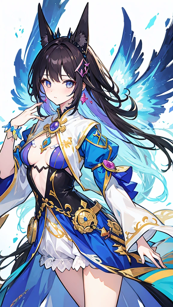 fantasy world girl with colorful hair, accessories, detailed clothes, dark hair