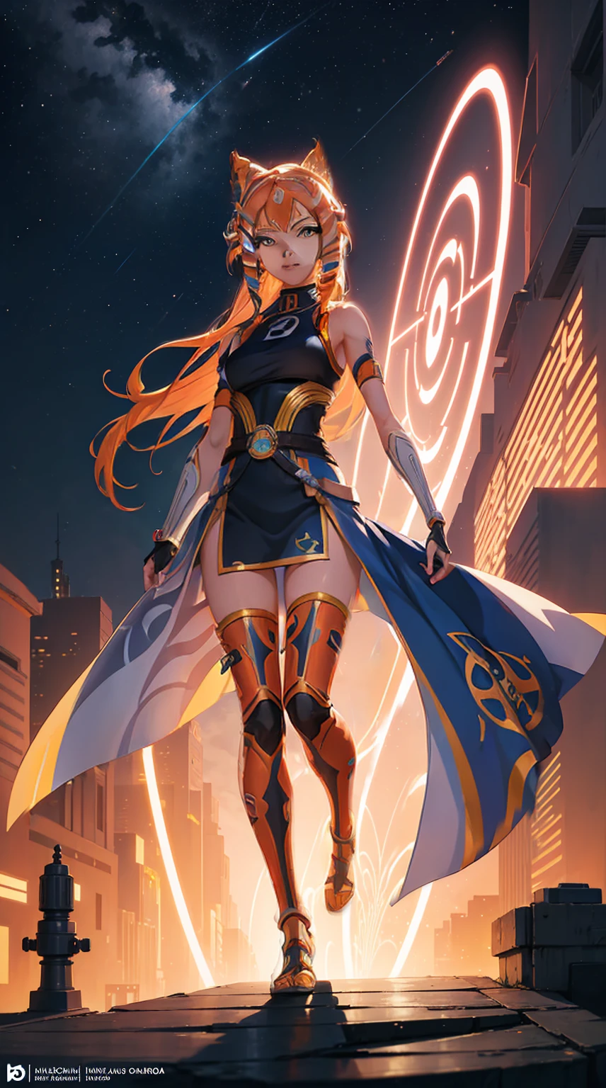 (((full body photo)))full body view, anime, vibrant and vivid color palette, Ahsoka Tano wearing her iconic outfit in an future city of coruscant, Ahsoka tano likeness, ashoka tano features, highest quality, 4K, ultra-detailed elements,