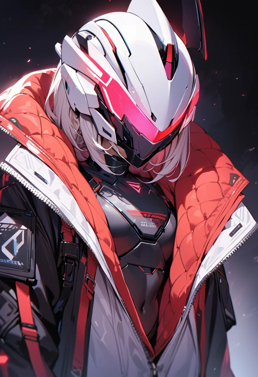 masterpiece, best quality, A close-up shot of a futuristic girl,Wearing a fantastic cyber helmet,Red triangle LED light and halo on the helmet, Wear a black Techwear jacket, Full body white background