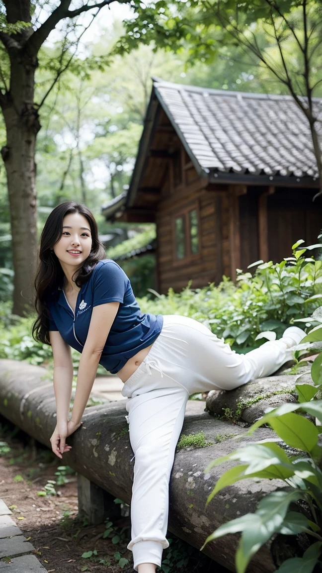 masterpiece, best quality, Surreal, Ultra Detailed, 8K resolution, RAW photos, Clear focus, (A girl in the forest), ((navy blue shirt:1.1)), Short sleeve, Long sweatpants,Full body posture, Solitary, Perfect body, Become a, 32 inches in the chest,(a charming smile:1), (sexy pose),26 years old, light,White shoes