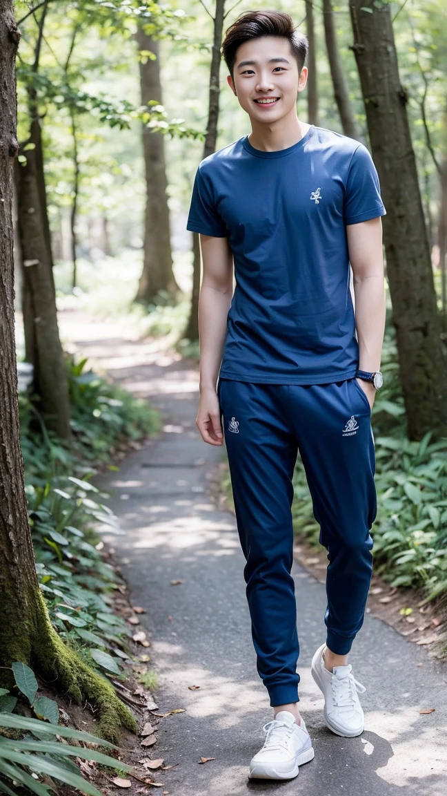 masterpiece, best quality, Surreal, Ultra Detailed, 8K resolution, RAW photos, Clear focus, (A girl in the forest), ((navy blue shirt:1.1)), Short sleeve, Long sweatpants,Full body posture, Solitary, Perfect body, Become a, 32 inches in the chest,(a charming smile:1), (sexy pose),26 years old, light,White shoes
