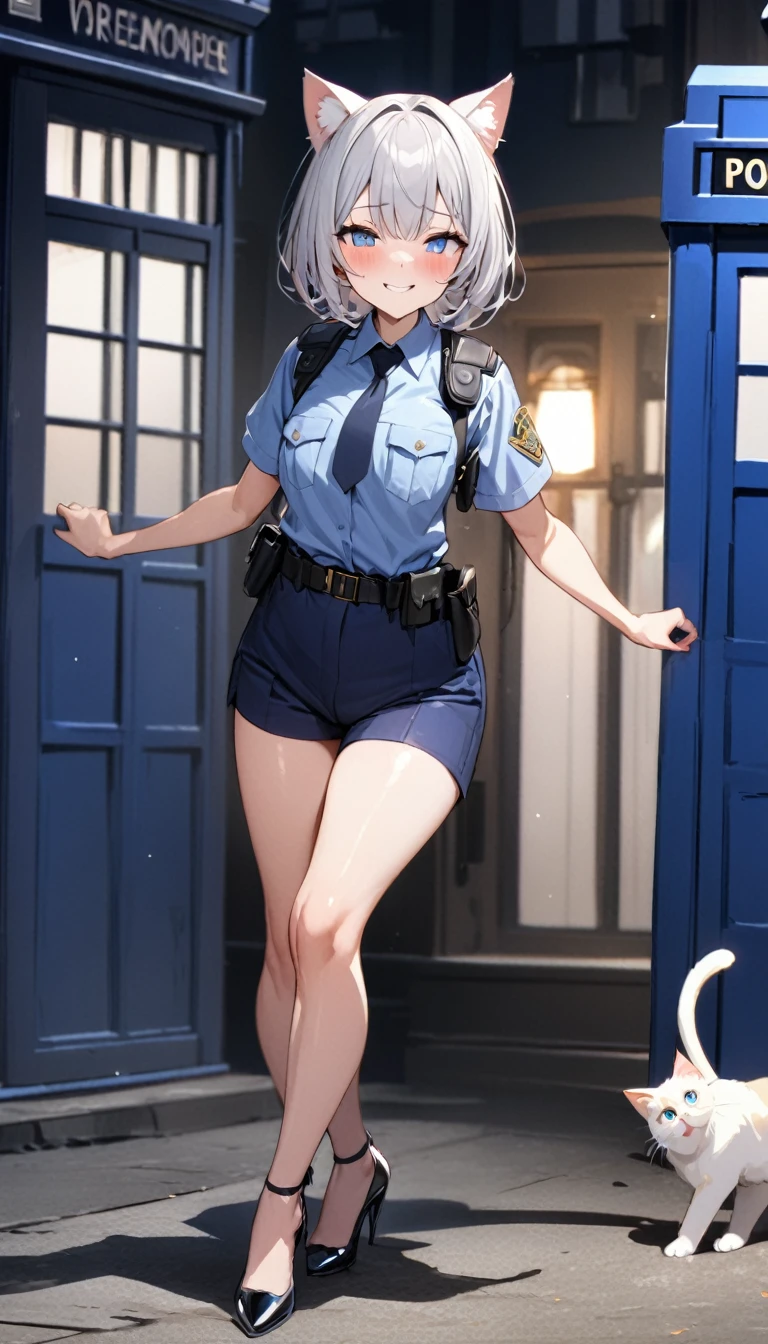 1girl、(((best quality)), ((masterpiece)), (details), masterpiece, best quality, high quality, ulutra detailed, perfect face, ((1girl, Blue eyes, cat ears: 1.3 silver bob hair: 2.5,)) 、Shiny Hair、Glowing Skin、blush、Lustful look、whole body、Police Officer Costume、Police officer shorts、Shoulder Holster、Black stiletto heels、Embarrassed smile、Touring with cats、police box、Police Station Background、whole body