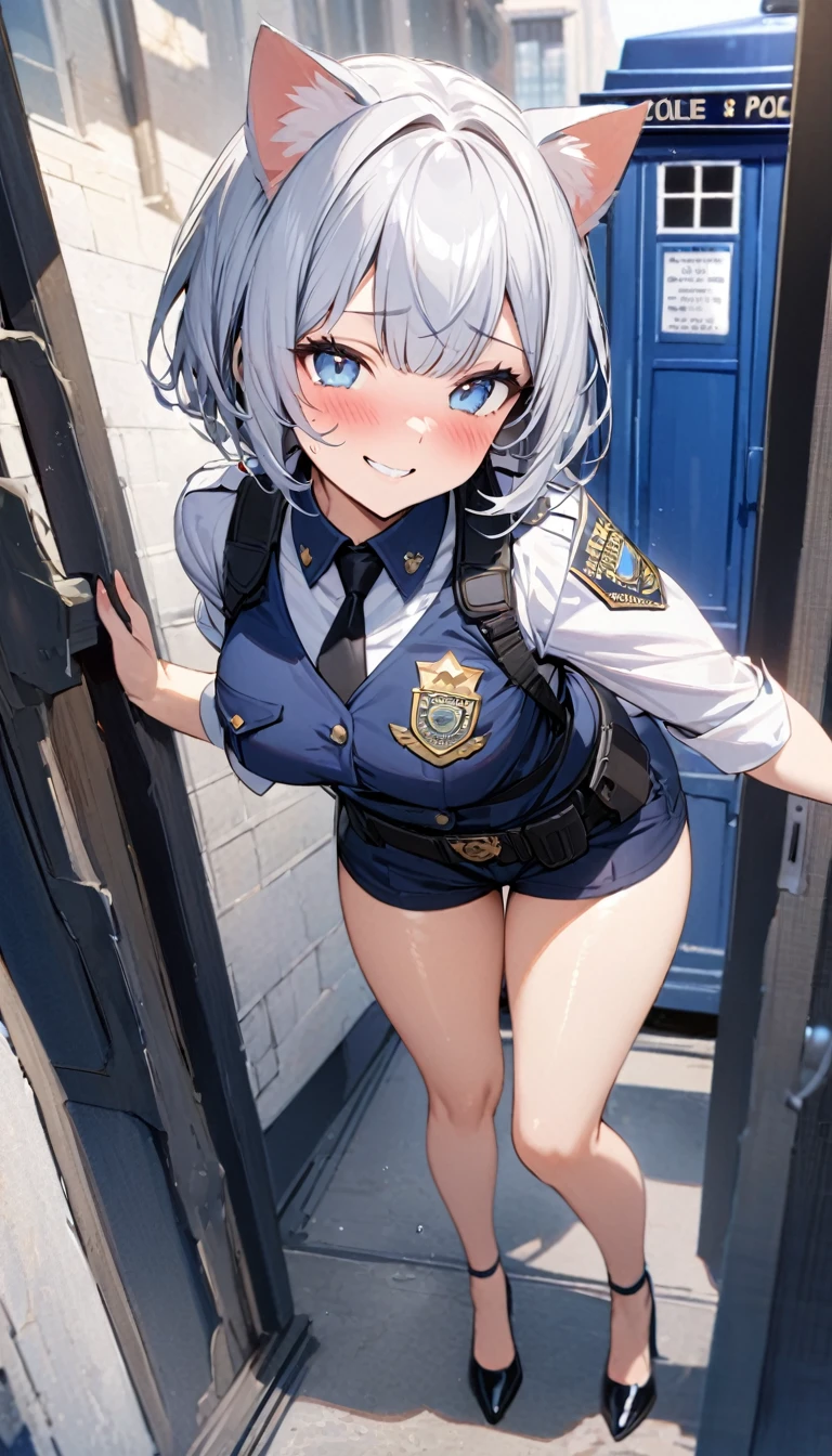 NSFW,((Perfect human body)),One girl, Red eyes, Wavy silver hair, Pointed Ears, vampire, Drooping eyes,Police uniform,Angry expression,Police hat,skirt,Mobile Task Force Equipment,Big Breasts,Hair Flowers,Urban area,Sit on a bench,whole body,Character portrait,捲れ上がるskirt,Striped panties,bulge in the crotch,Onesie in combat,holster,Magnum Revolver