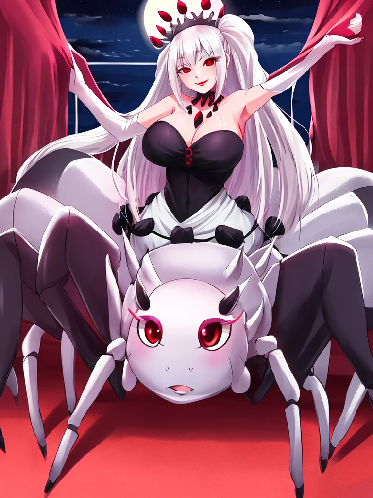 1girl, arachne spider, spider, suction cups, fused, full body, large breast, red eyes, white hair, long hair, evening gown red lips, smile, blush, happy face, bedroom,