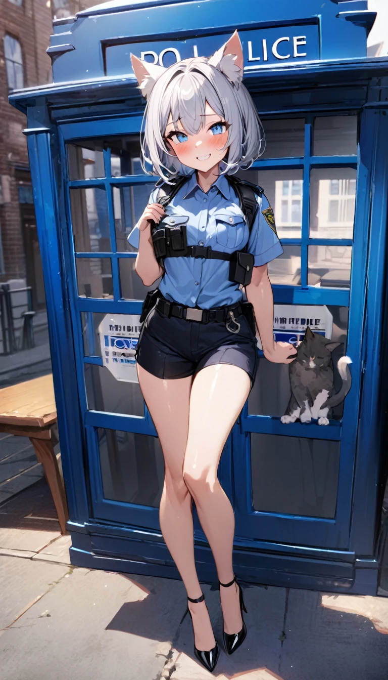 girl、(((best quality)), ((masterpiece)), (details), masterpiece, best quality, high quality, ulutra detailed, perfect face, ((1girl, Blue eyes, cat ears: 1.3 silver bob hair: 2.5,)) 、Shiny Hair、Glowing Skin、blush、Lustful look、whole body、Police Officer Costume、Police officer shorts、Black stiletto heels、Embarrassed smile、Raise the Japanese sword with both hands、police box、Police Station Background、whole body