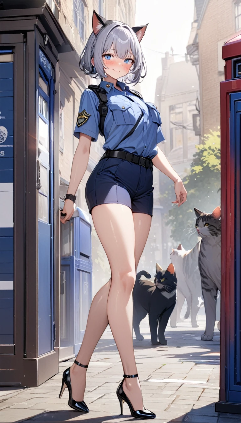 1girl、(((best quality)), ((masterpiece)), (details), masterpiece, best quality, high quality, ulutra detailed, perfect face, ((1girl, Blue eyes, cat ears: 1.3 silver bob hair: 2.5,)) 、Shiny Hair、Glowing Skin、blush、Lustful look、whole body、Police Officer Costume、Police officer shorts、Shoulder Holster、Black stiletto heels、Embarrassed smile、Touring with cats、police box、Police Station Background、whole body