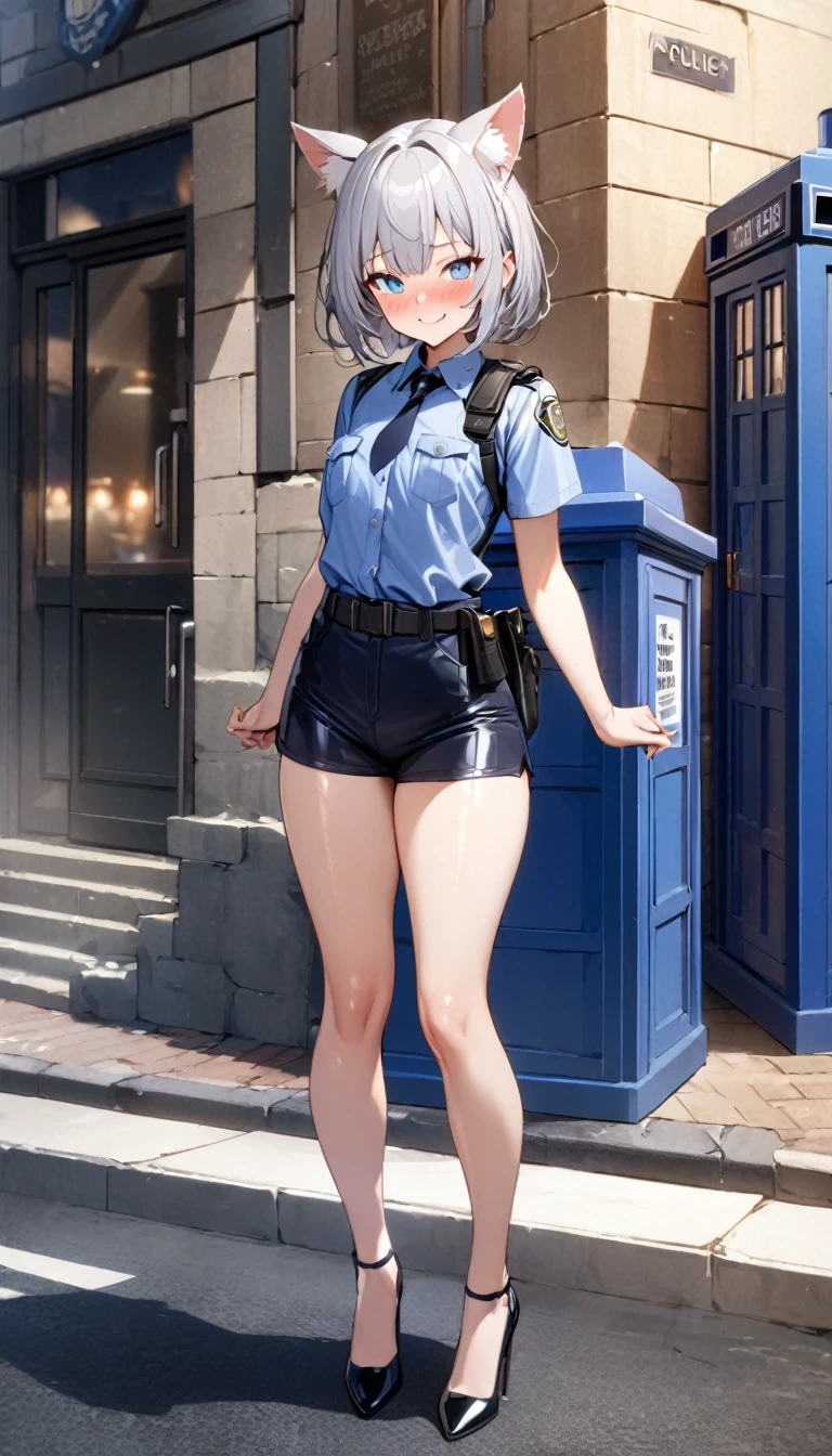 1girl、(((best quality)), ((masterpiece)), (details), masterpiece, best quality, high quality, ulutra detailed, perfect face, ((1girl, Blue eyes, cat ears: 1.3 silver bob hair: 2.5,)) 、Shiny Hair、Glowing Skin、blush、Lustful look、whole body、Police Officer Costume、Police officer shorts、Shoulder Holster、Black stiletto heels、Embarrassed smile、Raise the Japanese sword with both hands、police box、Police Station Background、whole body