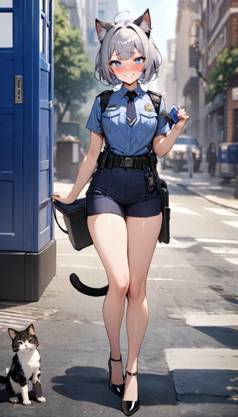 1girl、(((best quality)), ((masterpiece)), (details), masterpiece, best quality, high quality, ulutra detailed, perfect face, ((1girl, Blue eyes, cat ears: 1.3 silver bob hair: 2.5,)) 、Shiny Hair、Glowing Skin、blush、Lustful look、whole body、Police Officer Costume、Police officer shorts、Shoulder Holster、Black stiletto heels、Embarrassed smile、Touring with cats、police box、Police Station Background、whole body