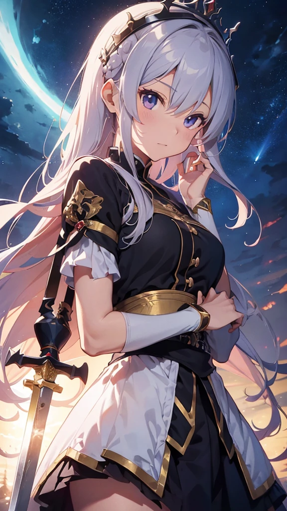 a close-up of a woman with a crown holding a sword, an anime drawing inspired by Li Chevalier, pixiv, Fantasyart, artoria pendragon, Destiny grand order, Destiny / stay overnight, she is holding a sword, anime style like Destiny/stay overnight, capa de light novel épica, female protagonist 👀 :8, detailed key anime art