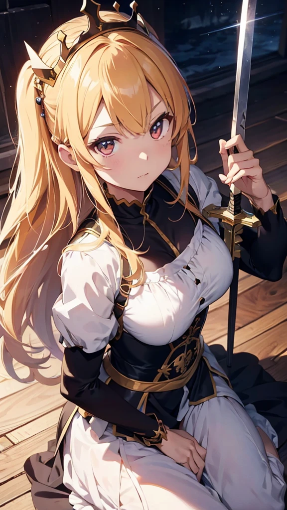 a close-up of a woman with a crown holding a sword, an anime drawing inspired by Li Chevalier, pixiv, Fantasyart, artoria pendragon, Destiny grand order, Destiny / stay overnight, she is holding a sword, anime style like Destiny/stay overnight, capa de light novel épica, female protagonist 👀 :8, detailed key anime art