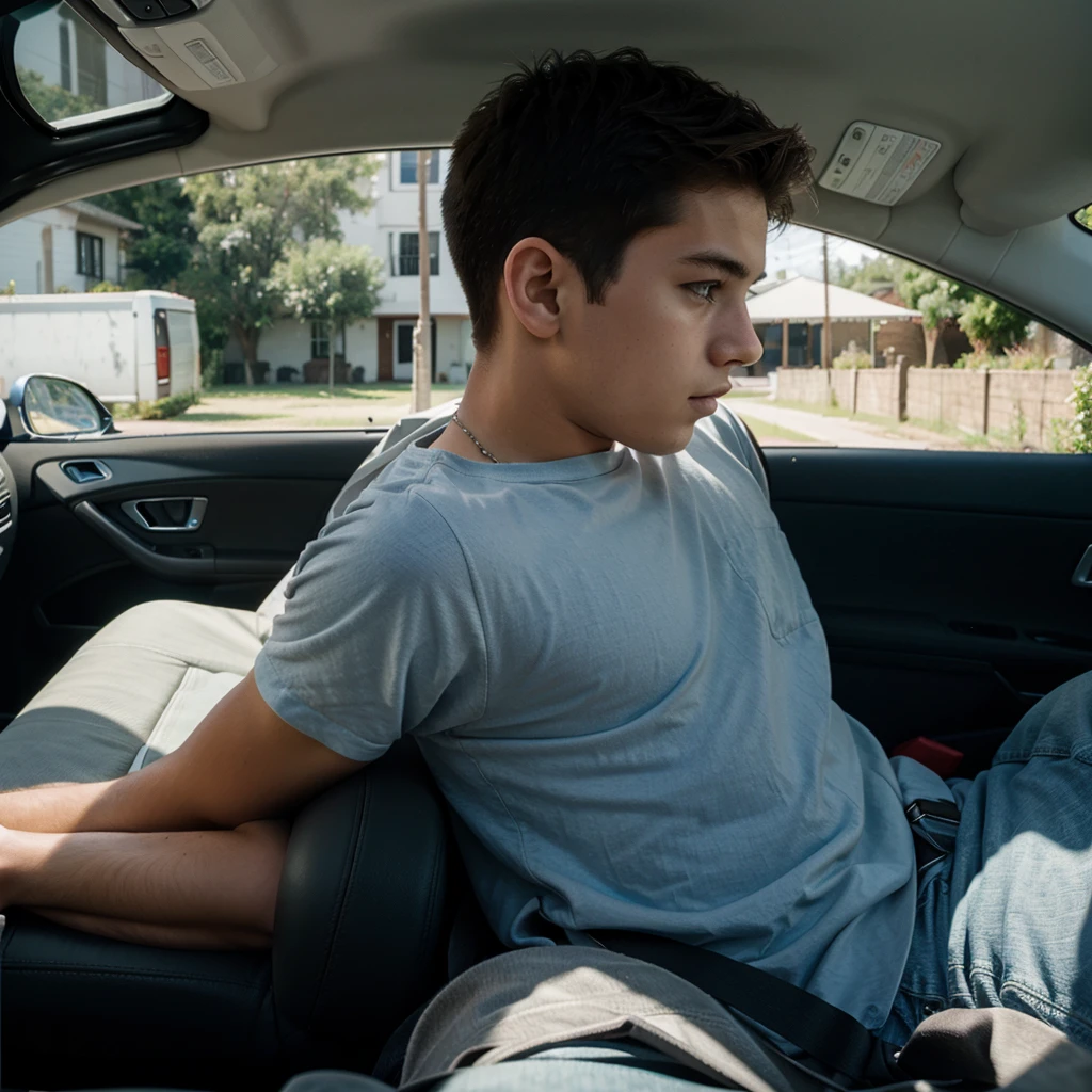 side portrait 1 boy  on the back seat of a car