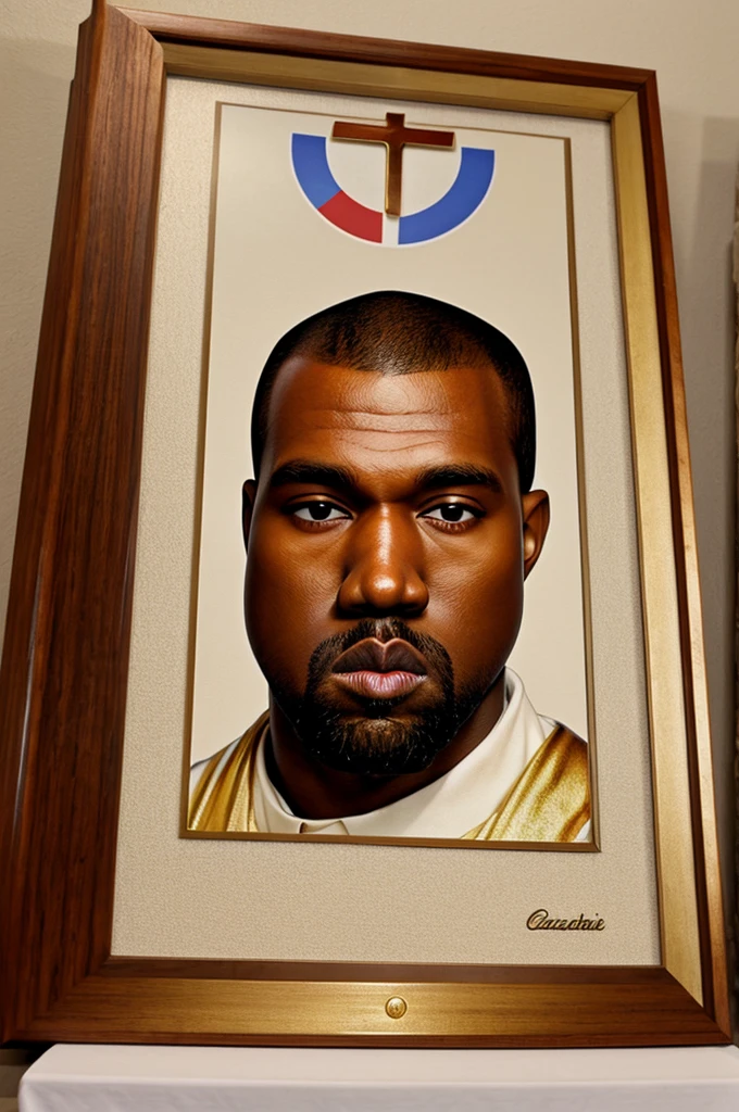 Caucasian Kanye West shrine in the style of catholic idols