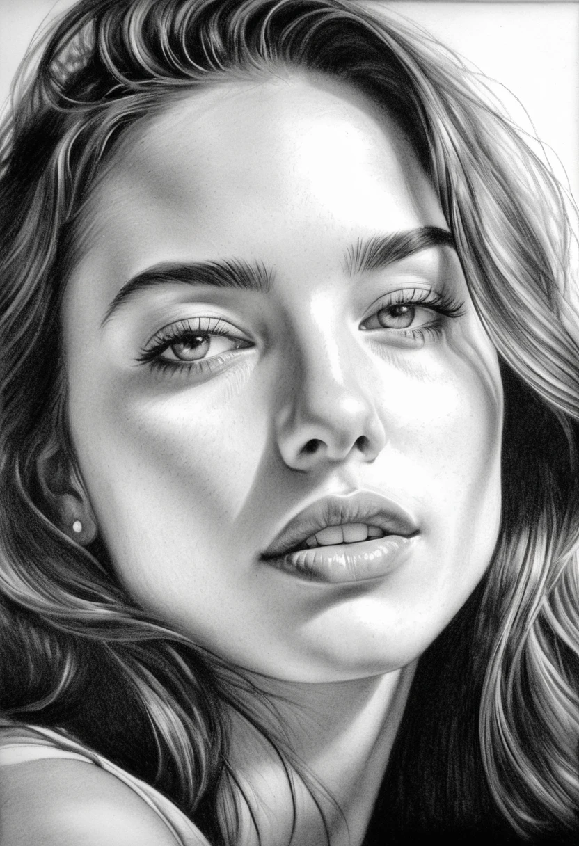A stunning PORTRAIT, black and white DRAWING session of a beautiful woman with delicate, Pencil DRAWING features and a smooth touch, dreaming expression. highy detailed, with complex shading and a variety of tones, graffit, coal, RASBISCOS, timeless composition that emphasizes the woman&#39;s natural beauty and the artist&#39;s skill, expressive lines.
