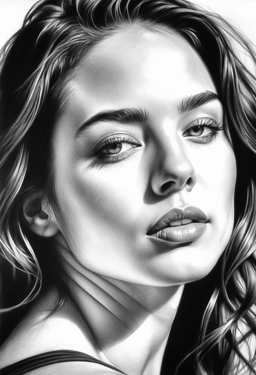 A stunning PORTRAIT, black and white DRAWING session of a beautiful woman with delicate, Pencil DRAWING features and a smooth touch, dreaming expression. highy detailed, with complex shading and a variety of tones, graffit, coal, RASBISCOS, timeless composition that emphasizes the woman's natural beauty and the artist's skill, expressive lines.