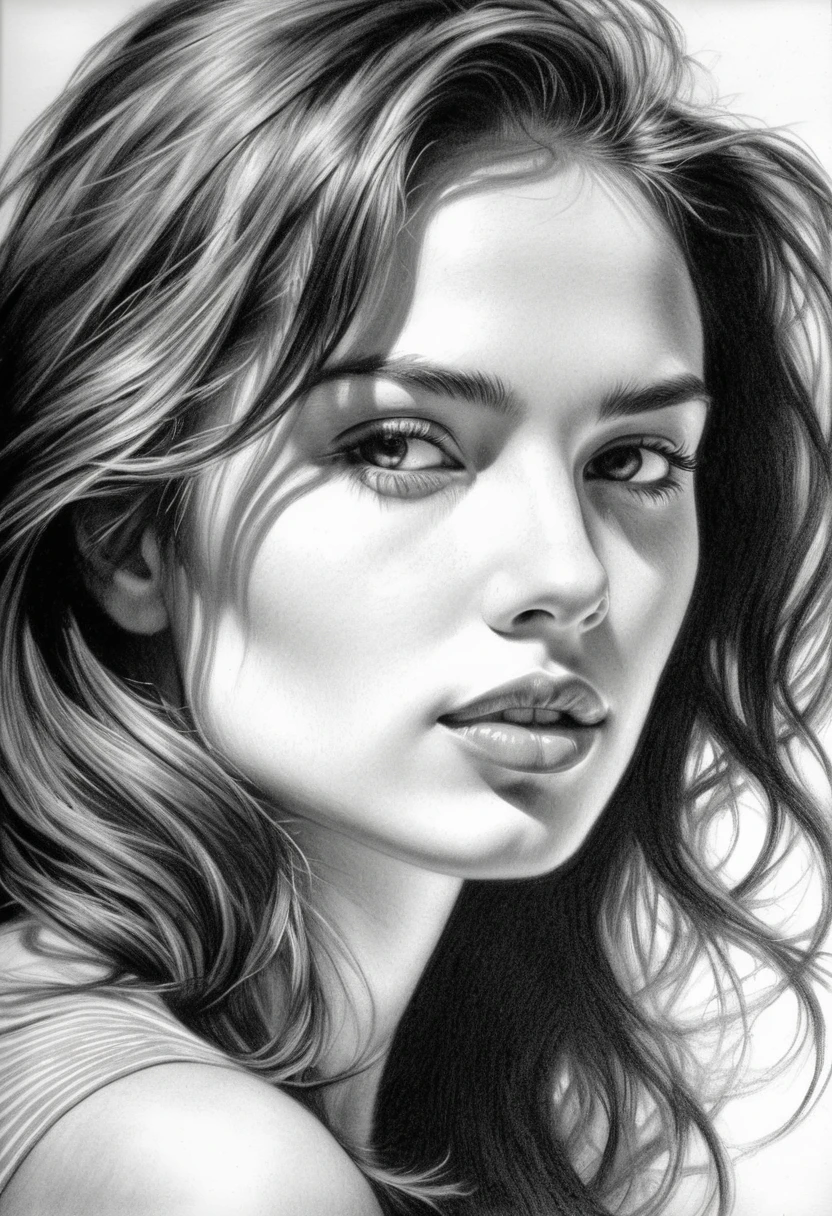 A stunning PORTRAIT, black and white DRAWING session of a beautiful woman with delicate, Pencil DRAWING features and a smooth touch, dreaming expression. highy detailed, with complex shading and a variety of tones, graffit, coal, RASBISCOS, timeless composition that emphasizes the woman's natural beauty and the artist's skill, expressive lines.