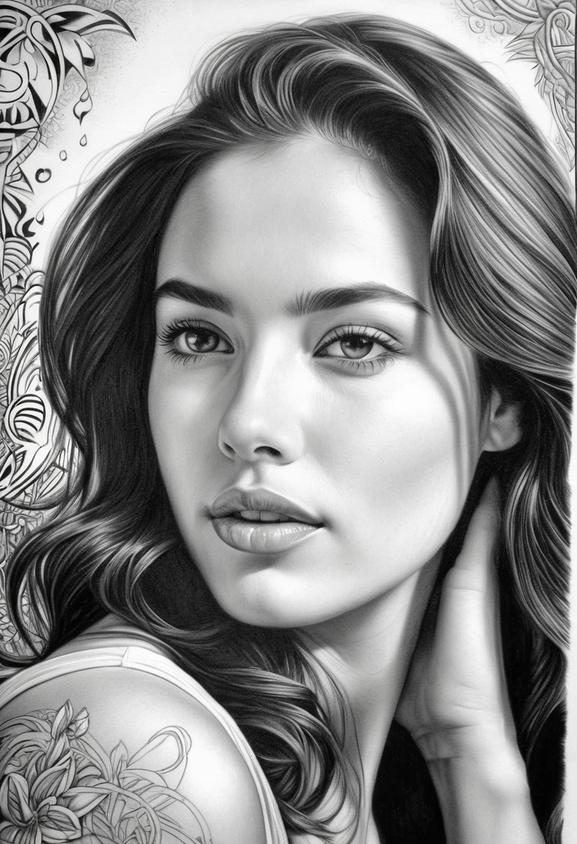 A stunning PORTRAIT, black and white DRAWING session of a beautiful woman with delicate, Pencil DRAWING features and a smooth touch, dreaming expression. highy detailed, with complex shading and a variety of tones, graffit, coal, RASBISCOS, timeless composition that emphasizes the woman&#39;s natural beauty and the artist&#39;s skill, expressive lines.
