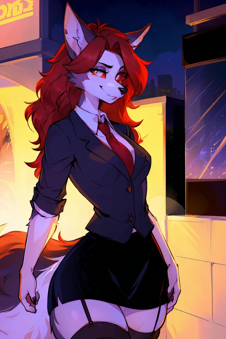 (Wolf_girl:1.2),Beautiful figure,Height 193 cm,Long flowing red hair, close_up,(Fluffy anthropomorphic furry :1.6),curls,fur,Neck hair,Extremely fine fur,(Business skirts:1.4), Fishnet stockings,(Garter:1.2), aldult, 33 years old, Mature, Solitary, only, Smile, Animal ears