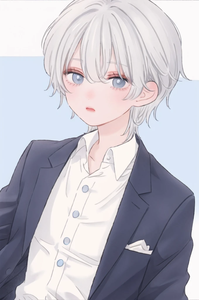 Boy, silver hair, blue eyes, sharp features, white skin, shirt, jacket