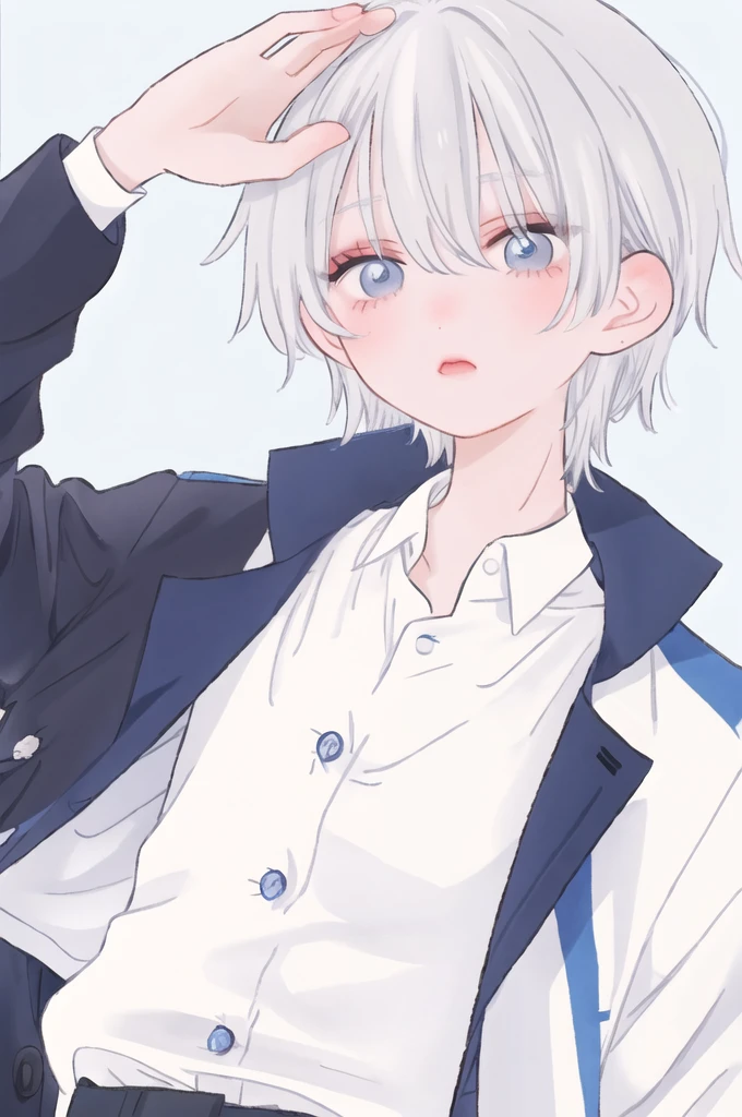 Boy, silver hair, blue eyes, sharp features, white skin, shirt, jacket