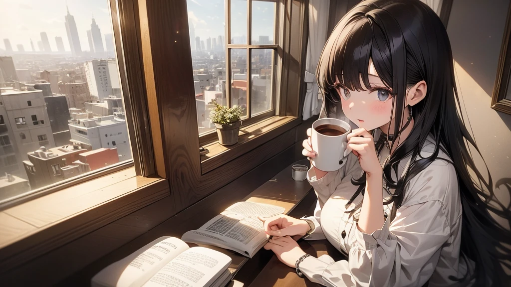 Ultra-high resolution, 8k, (Masterpiece, mysterious:1.3), Works by Makoto Xin Haicheng, Lo-fi feel, Perfect human body engineering, 1 female, mysteriousな瞳, Her charm point is her beautiful eyes, Idol, White ruffled dress, Shiny long black hair, Larger than average bust, Listening to music through headphones, Looking out the window, A room with musical instruments, city view from the window, Impressive cityscape, Bright Sky, meteor, Wide angle, Before dusk, Break time during composition, A mug containing coffee