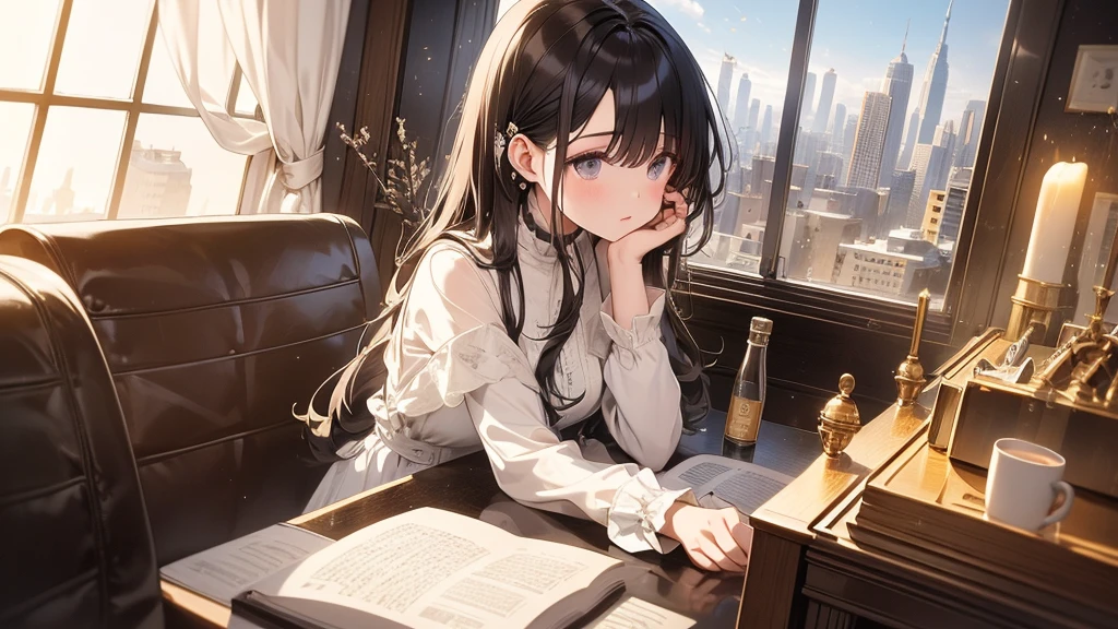 Ultra-high resolution, 8k, (Masterpiece, mysterious:1.3), Works by Makoto Xin Haicheng, Lo-fi feel, Perfect human body engineering, 1 female, mysteriousな瞳, Her charm point is her beautiful eyes, Idol, White ruffled dress, Shiny long black hair, Larger than average bust, Listening to music through headphones, Looking out the window, A room with musical instruments, city view from the window, Impressive cityscape, Bright Sky, meteor, Wide angle, Before dusk, Break time during composition, A mug containing coffee