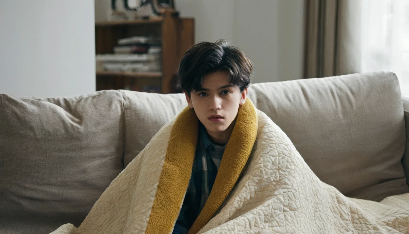 A 20-year-old boy,wrapped in a quilt,sat on the sofa in the living room,facing the camera,Happy, happy
