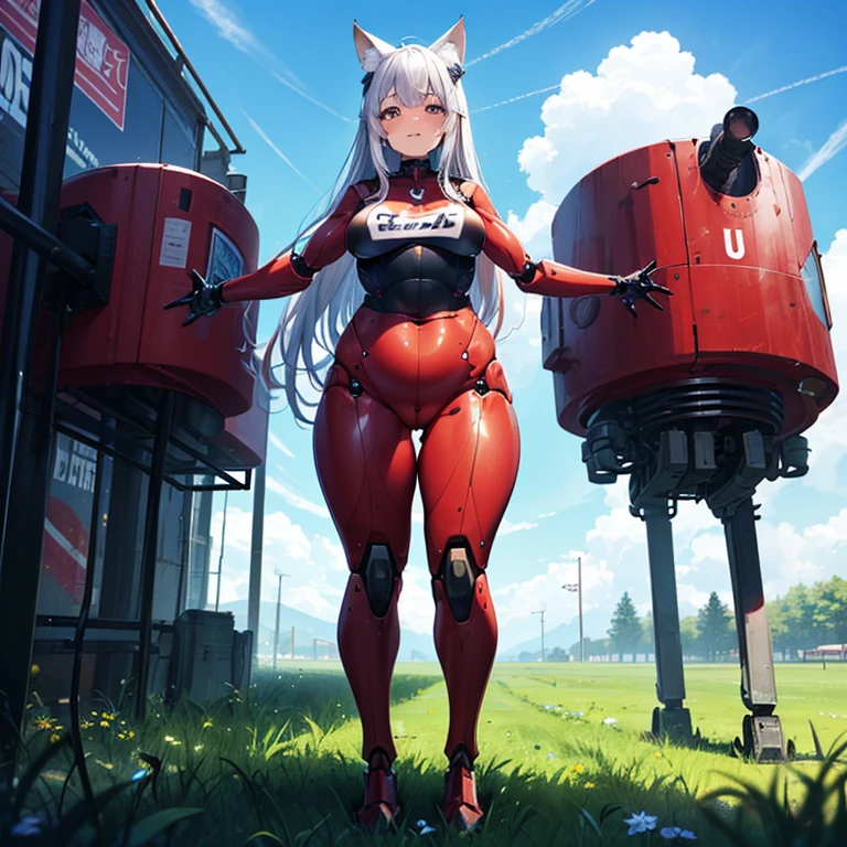 (Fox Girl, Fox Ears, Silver Hair, Fox Makeup, One Girl, Long Hair, Alone on the screen:1.6), (mecha musume, Machinery Parts,Robot Joints, Red clothes, Full body mechanical suit:1.8), (Body measurements are 75-60-75!, Young girl body, Small breasts, Proudly, Standing posture, Plump, muscle:1.9), Avatar, face, lewd face, Dominant representation, naughty face, Uplifting, Skin Texture, outside, Grassy field