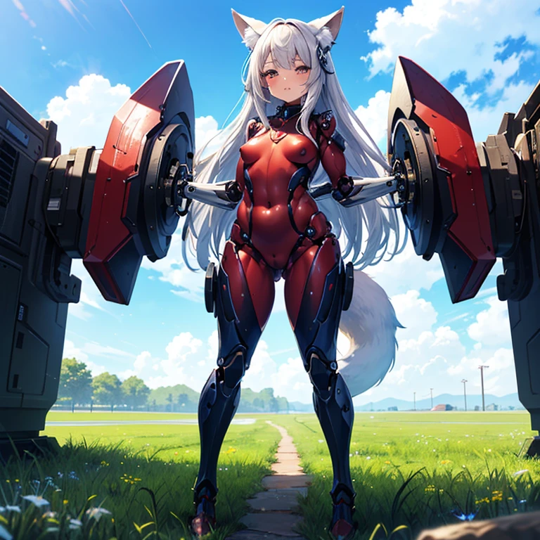 (Fox Girl, Fox Ears, Silver Hair, Fox Makeup, One Girl, Long Hair, Alone on the screen:1.6), (mecha musume, Machinery Parts,Robot Joints, Red clothes, Full body mechanical suit:1.8), (Body measurements are 75-60-75!, Young girl body, Small breasts, Proudly, Standing posture, Plump, muscle:1.9), Avatar, face, lewd face, Dominant representation, naughty face, Uplifting, Skin Texture, outside, Grassy field