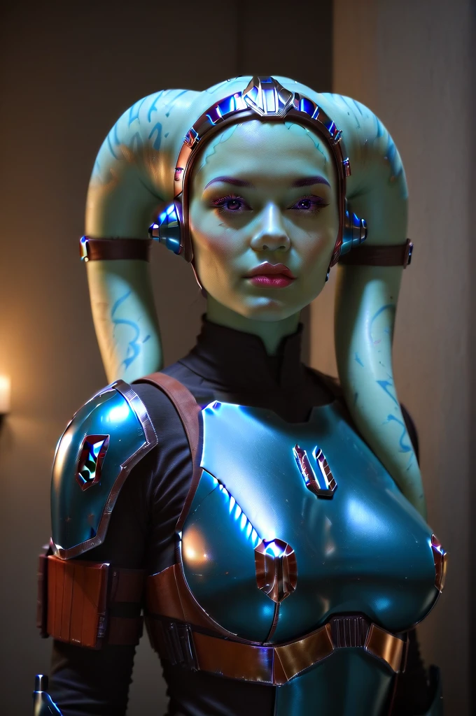 a female twi'lek mandalorian, beautiful detailed eyes, beautiful detailed lips, extremely detailed face, long eyelashes, mandalorian armor, sci-fi, cinematic lighting, dramatic, epic, intricate details, hyper-realistic, 8k, high-quality, photorealistic