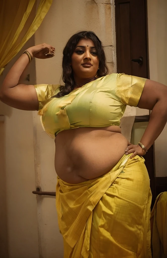 indian.plus size bhabhi wearing yellow skirt and green blouse, she has big belly wide hips, big buttocks , fat legs