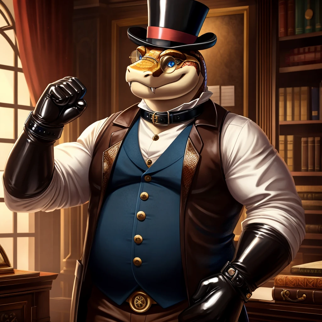 Solo, Male, fat, extremely obese, gentleman, dapper Professor Snake with fangs, blue eyes, (posing:1.3), (soft shading), 4k, hi res, ((detailed face, detailed)), looking at viewer, mouth wide open, steampunk, victorian, dapper clothing, collared shirt with buttons, top hat, male focus, Explorer Outfit, glasses, monocle, vest with buttons, sleeves rolled up, round eyewear, brown headwear, brown vest, office, Snake is wearing a glossy leather dog collar around the neck, Snake is wearing the leather collar and shirt and vest at the same time, Snake is wearing glossy white rubber gloves on the hands, wearing white rubber gloves on the feet, gloves are rubber in texture, clenching teeth, clenching fists, leather collar is glossy and shiny with a lot of detail, Snake is wearing gloves and leather collar at the same time, leather collar has a round dog-tag, leather collar is thick and detailed, leather collar is glossy and shiny, fancy clothing, dapper vest, dapper shirt, leather collar is thick, glossy leather collar.