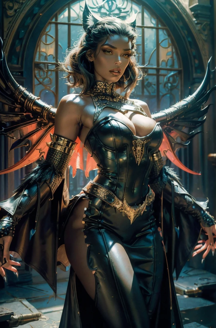  A female blonde succubus with bat wings tipped with claws, with mesmerizing feature masterpiece, top quality, best quality, official art, beautiful and aesthetic:1.2), (1girl), extreme detailed,(fractal art:1.3), colorful, highest detailed, (masterpiece, best quality:1.3) 1 bright-amber, blue, green cat like-eyes, professional digital painting, Unreal Engine 5. wearing a leather pants, and a top with wide sleeves, or cape effect, matching thin belt with a high waist thick heeled full covered shoes, oxfords, Seductive Hopeful expression, finely detailed eyes, happy mood, Wearing a full coverage blouse, epic scene, epic composition, Cinematic Lighting, Volumetric Lighting, ethereal light, intricate details, extremely detailed volumetric rays. [Beautiful girl in an, boho outfit, cheap ripped linen shirt and pants, oil painting, Detailed facial features, Sunlight, bright colors, dramatic lighting, expressive eyes and lips, High Resolution, 4K quality, Photorealistic]