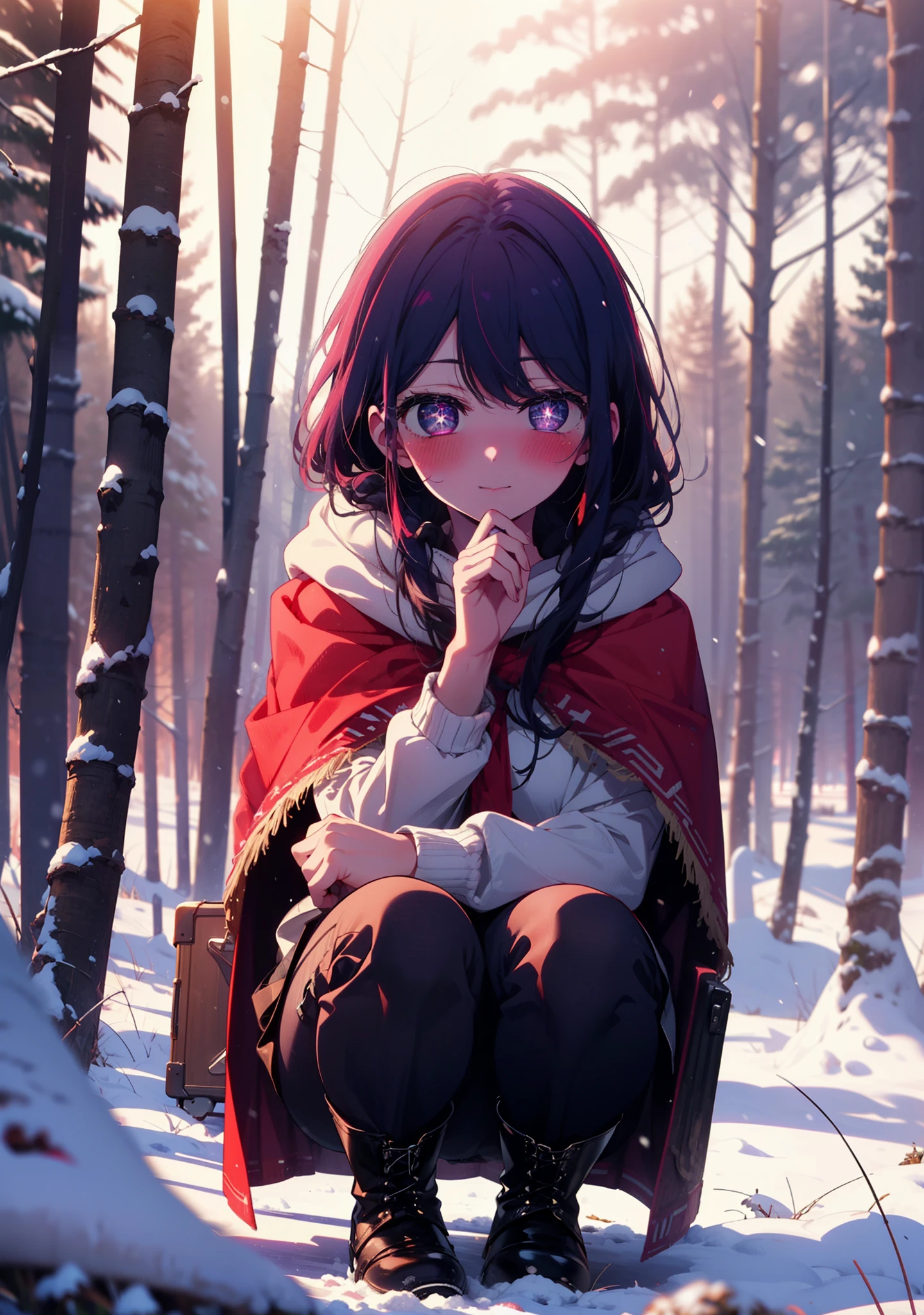 aihoshino, Ai Hoshino, Long Hair, bangs, (Purple eyes:1.1), Purple Hair, (Symbol-shaped pupil:1.5), smile,,smile,blush,white breath,
Open your mouth,snow,Ground bonfire, Outdoor, boots, snowing, From the side, wood, suitcase, Cape, Blurred, , forest, White handbag, nature, Squat, Mouth closed, Cape, winter, Written boundary depth, Black shoes, red Cape break looking at viewer, Upper Body, whole body, break Outdoor, forest, nature, break (masterpiece:1.2), Highest quality, High resolution, unity 8k wallpaper, (shape:0.8), (Beautiful and beautiful eyes:1.6), Highly detailed face, Perfect lighting, Extremely detailed CG, (Perfect hands, Perfect Anatomy),