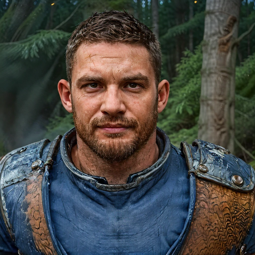 detailled realistic photograph of a handsome giant-kind male Druid, fit slimmer body, fleshy grey skin, oval face, short brown hair and short beard, goblinoid ears, brown eyes, 5.5 feet tall, fur plate full armor, walking with with a blue wildfire in a dark forest surrounded by mist and fireflies, with some scars on his body, and a gentle expression, holding a scimitar