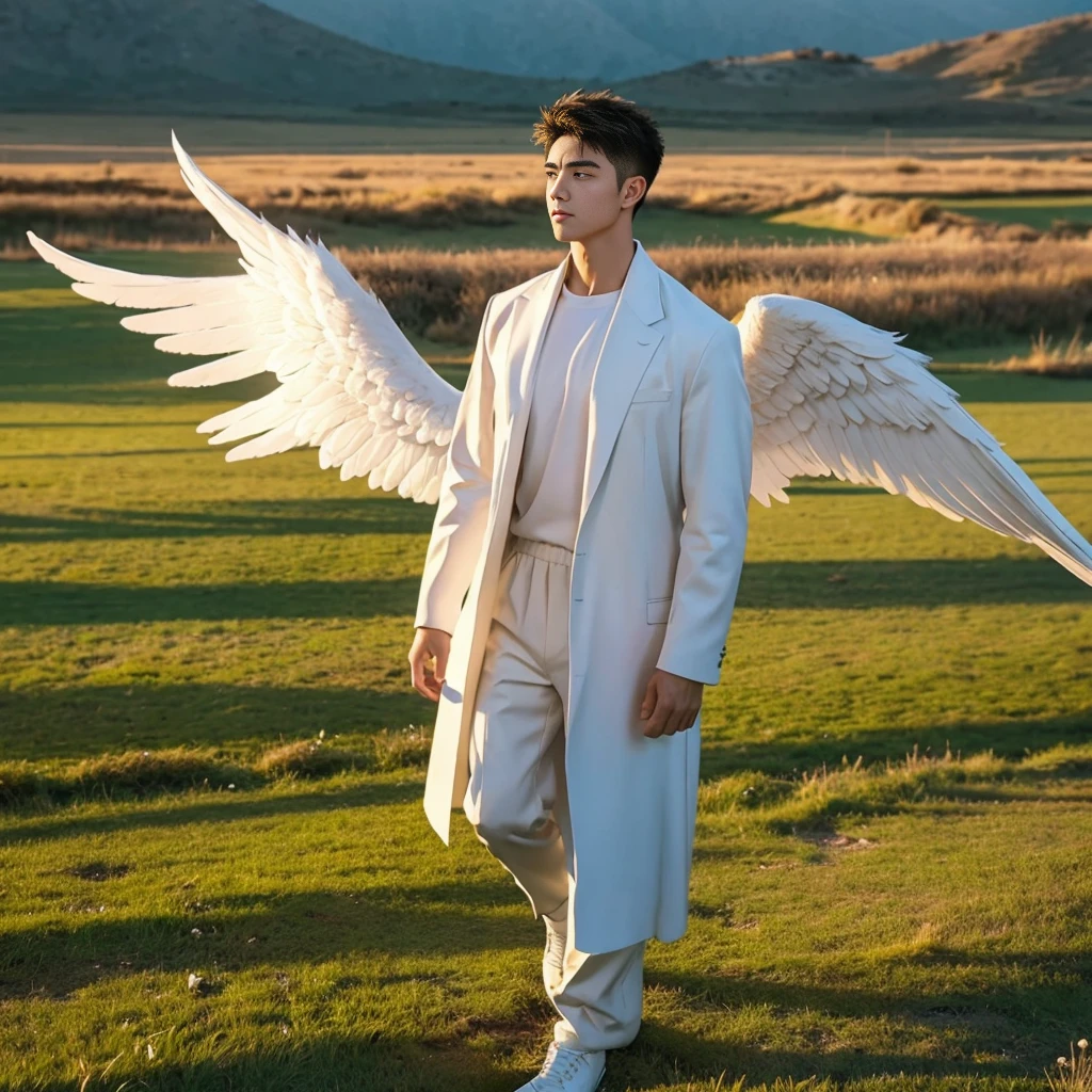 1boys, A handsome angel walks on a field, The wind blows,The holy light shines down, Muscular