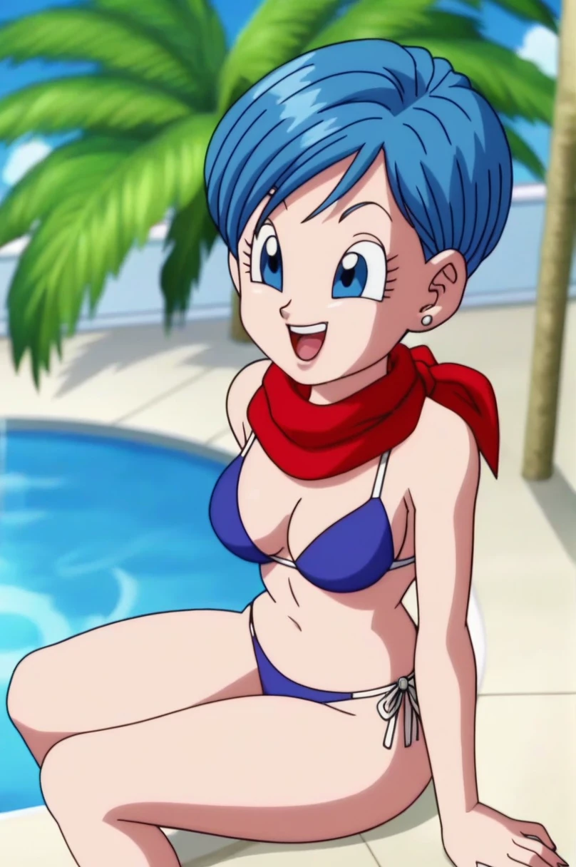 fountain_cheered up, score_9, score_8_above, score_7_above, cheered up screencap,8k, absurd resolution, 
BULMA, 1 girl, Alone, old, SMILE, short hair, bowl cut, nose,  Open mouth, Blue eyes, neckline, jewelry, medium old, blue fur, aboveper body, :d, earrings, outdoor, sky, day, cloud, blurred, tree, blue sky, red scarf, palm tree, Official style, cheered up coloring, portrait, medium breasts, tits, medium ass, sexy, Wide hips, Bikini
 