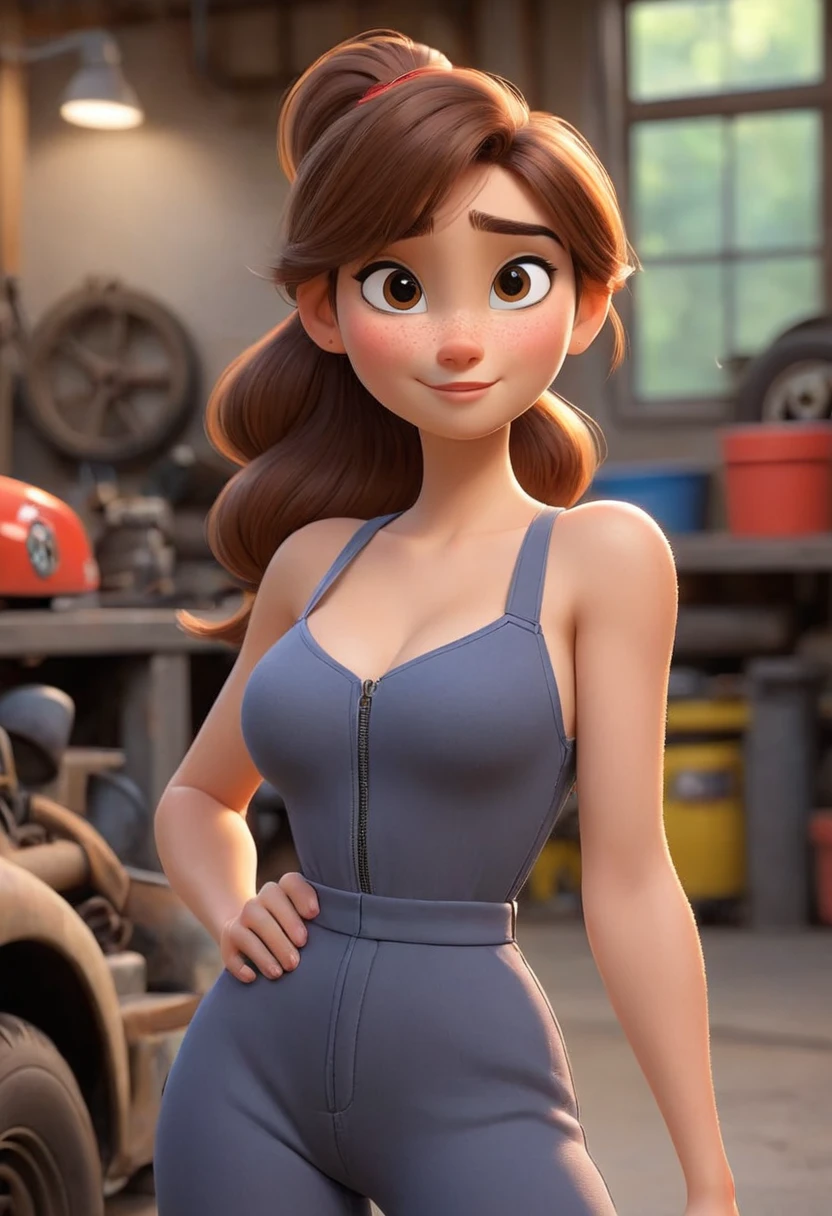 (disney pixar style:1.2) (cute adorable girl:1.15) (adult age 20:1.)  brown hair, ponytail,  very  thin jumpsuit, huge breasts, cleavage, sexy mechanic, in a garage, (perfect hands:1.1)  (extreme far shot, full body, zoomed out:1.1) topless nude