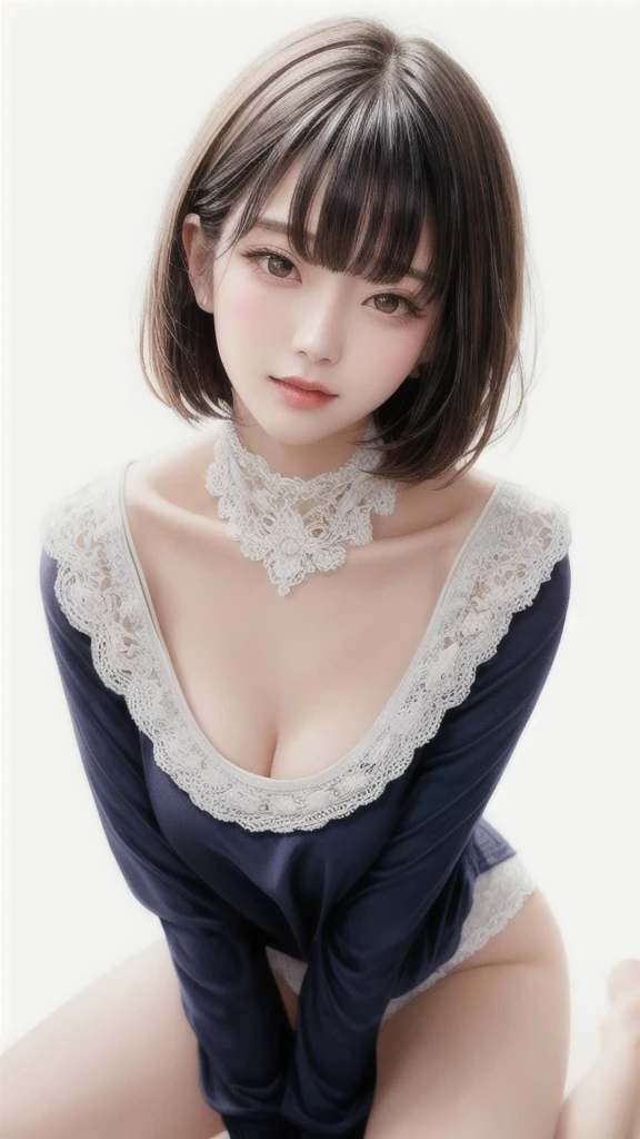 Pee (incontinence: 1.47), fashion trendy beautiful and attractive woman, gentle and attractive Chinese beautiful woman, Korean (kpop idol), delicate and sexy collarbone, attractive oval face, double eyelids, smart [peach] flower eyes, pink lips, small nose, bare shoulders, focus on face, [[face close-up], ultra high definition, super detail, White off-shoulder lace shirt, (((white lace panties), fresh and impressive, natural (large: 1.25), (kneel on the ground), (legs wide open), (legs spread), (from a low angle), (upright 1.5), (shiny skin: 1.4), (low angle)), perfect figure, areola, cleavage, armpit wrinkles, (floor urine)), (NSFW: 1.05), ( Showpiece, top quality, high precision)), one girl, (big, photorealistic: 1.4), (slightly above the camera, looking up at the camera, looking up, looking up at the camera, staring at the camera))), solo, solo, white background, snow-white background, mouth closed, happy smile, pretty black hair, short hair, big eyes, pronounced double eyelids, eyelashes, ears out, long neck, long neck, Absolute area, ((close-up of face, short hair with bangs)), 19 years old, attractive proportions, shiny skin, clean collarbone, golden ratio face, perfect face, teardrop mole, chest mole, bangs, clean bangs, beautiful bangs, lip gloss, thin lips, white skin, undressed, big breasts, small face, staring at the camera a little upwards, ((smiling a little at the camera, really nothing pure white background, very big, big big, big breasts)), ((((uniform, shirt))))