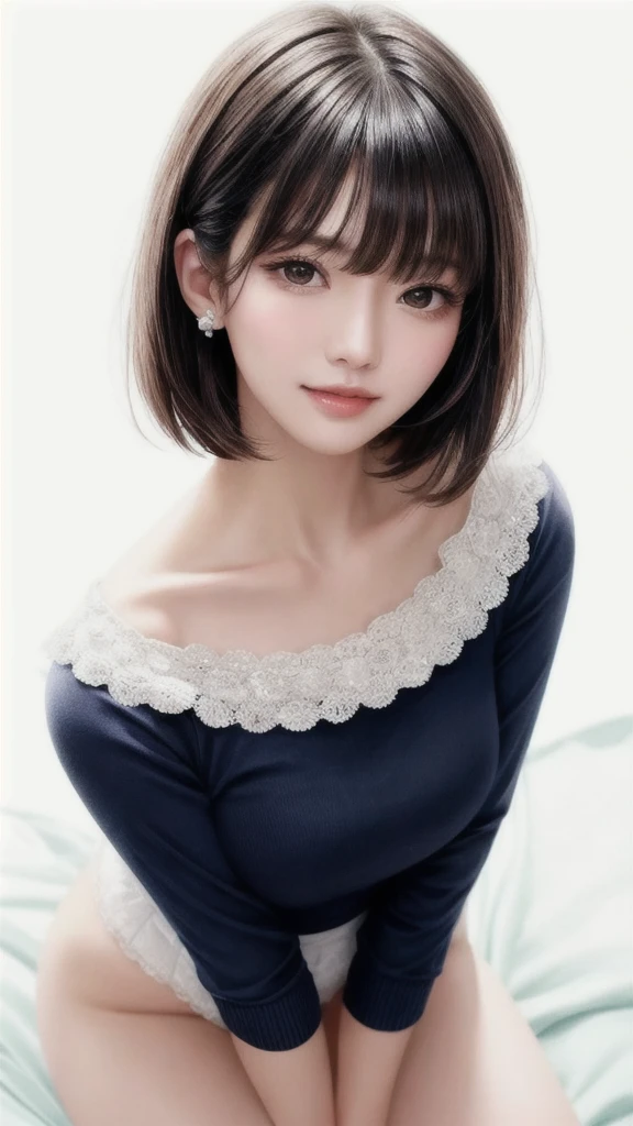  fashion trendy beautiful and attractive woman, gentle and attractive Chinese beautiful woman, Korean (kpop idol), delicate and sexy collarbone, attractive oval face, double eyelids, smart [peach] flower eyes, pink lips, small nose, bare shoulders, focus on face, [[face close-up], ultra high definition, super detail, White off-shoulder lace shirt, (((white lace panties), fresh and impressive, natural (large: 1.25), (kneel on the ground), (legs wide open), (legs spread), (from a low angle), (upright 1.5), (shiny skin: 1.4), (low angle)), perfect figure, areola, cleavage, armpit wrinkles), (NSFW: 1.05), ( Showpiece, top quality, high precision)), one girl, (big, photorealistic: 1.4), (slightly above the camera, looking up at the camera, looking up, looking up at the camera, staring at the camera))), solo, solo, white background, snow-white background, mouth closed, happy smile, pretty black hair, short hair, big eyes, pronounced double eyelids, eyelashes, ears out, long neck, long neck, Absolute area, ((close-up of face, short hair with bangs)), 19 years old, attractive proportions, shiny skin, clean collarbone, golden ratio face, perfect face, teardrop mole, chest mole, bangs, clean bangs, beautiful bangs, lip gloss, thin lips, white skin, undressed, big breasts, small face, staring at the camera a little upwards, ((smiling a little at the camera, really nothing pure white background, very big, big big, big breasts)), ((((uniform, shirt)))), exposed shoulders, exposed waist, exposed thighs