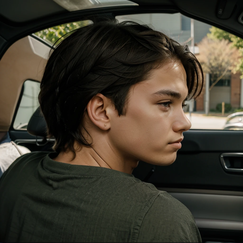 side portrait 1 boy 16 years on the back seat of a car