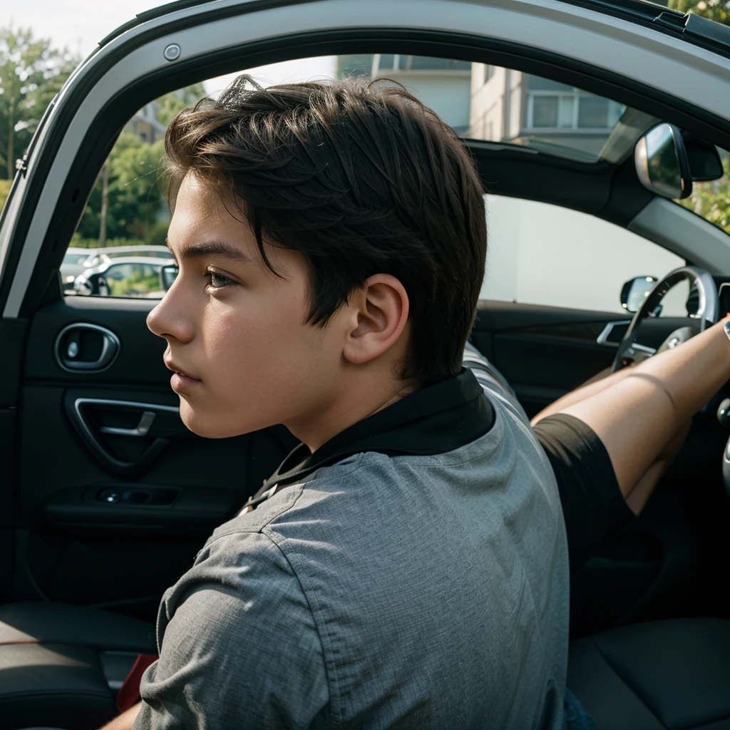 side portrait 1 boy 16 years on the back seat of a car