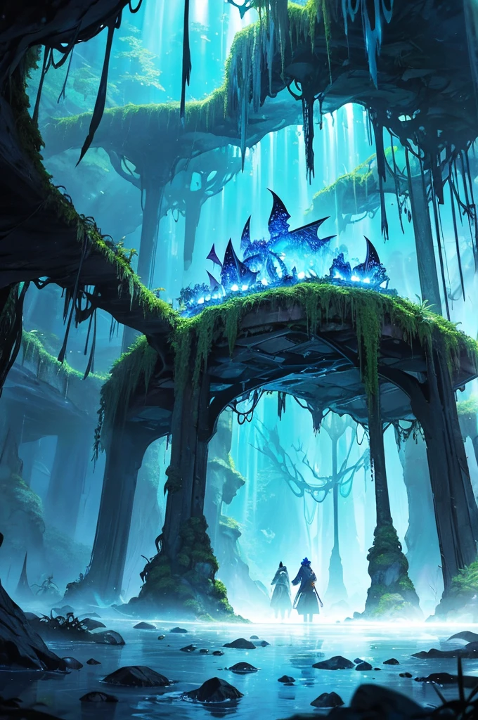 Create a scene of an underground world lit by luminescent crystals. Huge stalactites and stalagmites, covered in bioluminescent moss, form a natural labyrinth. A river of lava snakes through the ground, illuminating the cave with its warm glow. At the center, there is an ancient portal made of runestones, emanating an ethereal blue light. fantastic creatures, like fire salamanders and giant bats, inhabit this mysterious world.