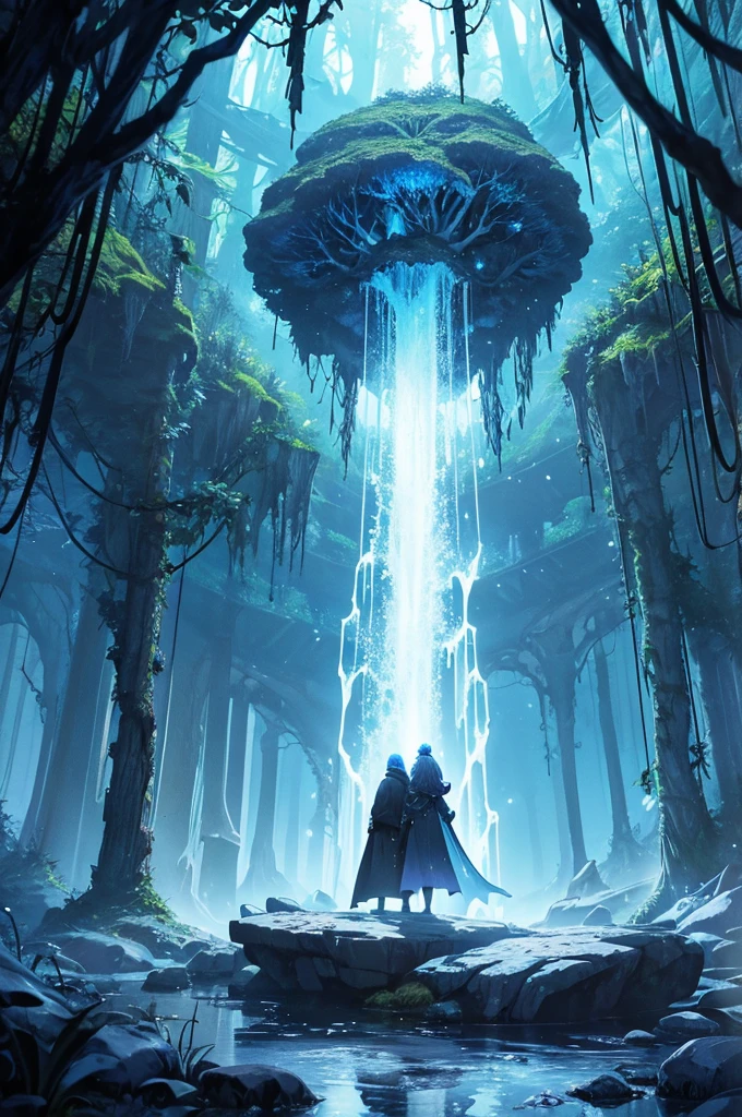 Create a scene of an underground world lit by luminescent crystals. Huge stalactites and stalagmites, covered in bioluminescent moss, form a natural labyrinth. A river of lava snakes through the ground, illuminating the cave with its warm glow. At the center, there is an ancient portal made of runestones, emanating an ethereal blue light. fantastic creatures, like fire salamanders and giant bats, inhabit this mysterious world.
