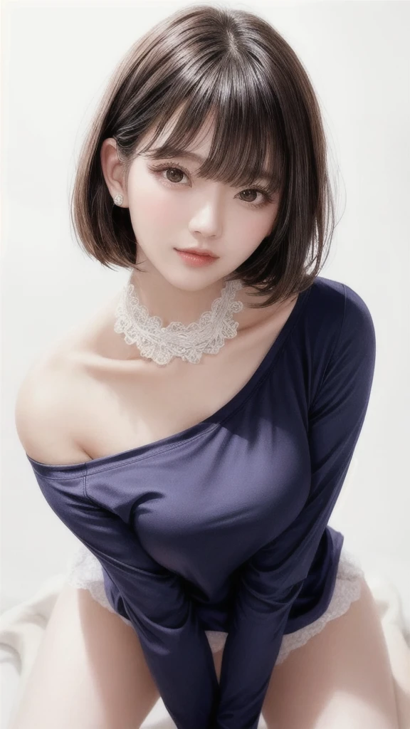  fashion trendy beautiful and attractive woman, gentle and attractive Chinese beautiful woman, Korean (kpop idol), delicate and sexy collarbone, attractive oval face, double eyelids, smart [peach] flower eyes, pink lips, small nose, bare shoulders, focus on face, [[face close-up], ultra high definition, super detail, White off-shoulder lace shirt, (((white lace panties), fresh and impressive, natural (large: 1.25), (kneel on the ground), (legs wide open), (legs spread), (from a low angle), (upright 1.5), (shiny skin: 1.4), (low angle)), perfect figure, areola, cleavage, armpit wrinkles), (NSFW: 1.05), ( Showpiece, top quality, high precision)), one girl, (big, photorealistic: 1.4), (slightly above the camera, looking up at the camera, looking up, looking up at the camera, staring at the camera))), solo, solo, white background, snow-white background, mouth closed, happy smile, pretty black hair, short hair, big eyes, pronounced double eyelids, eyelashes, ears out, long neck, long neck, Absolute area, ((close-up of face, short hair with bangs)), 19 years old, attractive proportions, shiny skin, clean collarbone, golden ratio face, perfect face, teardrop mole, chest mole, bangs, clean bangs, beautiful bangs, lip gloss, thin lips, white skin, undressed, big breasts, small face, staring at the camera a little upwards, ((smiling a little at the camera, really nothing pure white background, very big, big big, big breasts)), ((((uniform, shirt))))